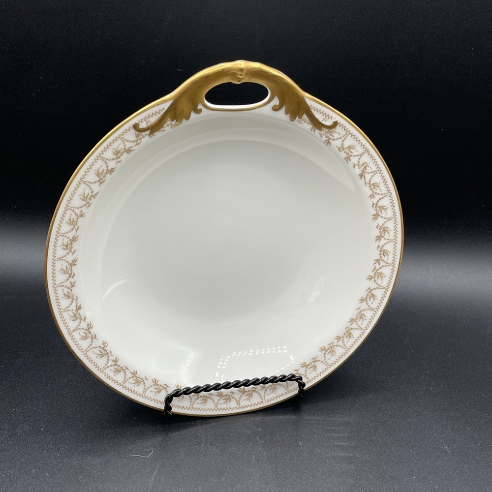 Antique Haviland & Co Limoges France Handled Nappy Bowl Dish Gold Red Green Band
